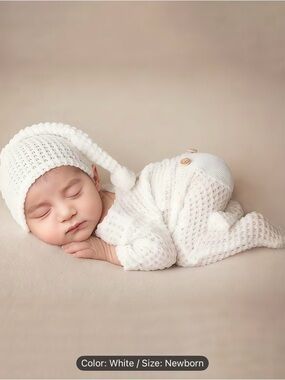 2 pc Newborn Knit Hat and Pajama Romper Set for Photos - White